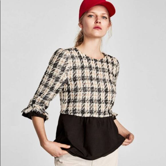 Zara contrasting tweed checkered peplum top size XS - Picture 1 of 10